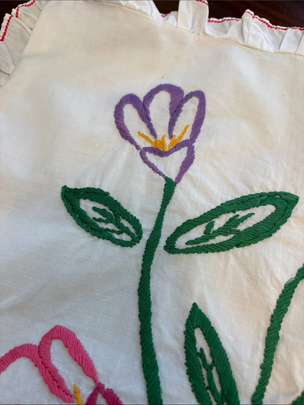 Vintage Embroidered Floral Pillow Sham White with Pink, Red, Green, Blue Accents